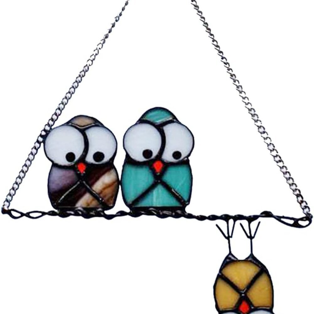 Multicolor Owls on a Wire High Stained Glass Suncatcher Panel, Bird Suncatcher f